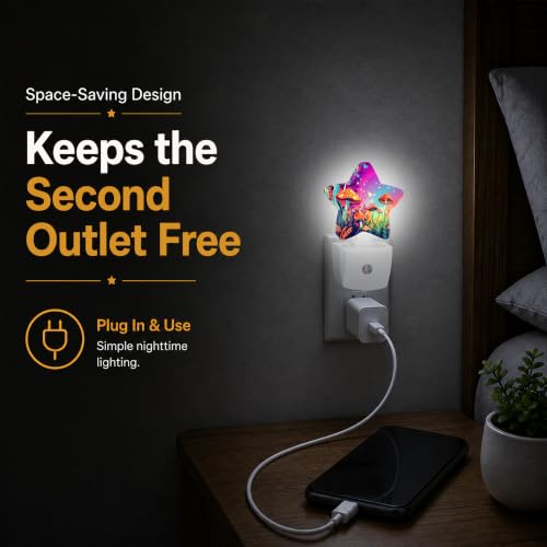 Image of Magic Mushrooms Star Night Light Plug in, Decorative Night Light for Kids Room Nursery Bedroom, Soft Glow Sensor Lamp for Hallway Bathroom, Compact Energy Saving