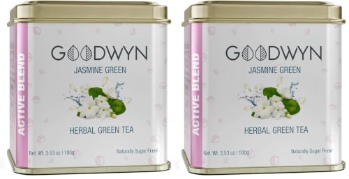 Image of Goodwyn Jasmine Green Tea (100g) | Real Jasmine Flowers | Low Caffeine Herbal Tea | Non Bitter | Reusable Tin Can | Premium Hamper Gift Souvenir (Pack of 2)
