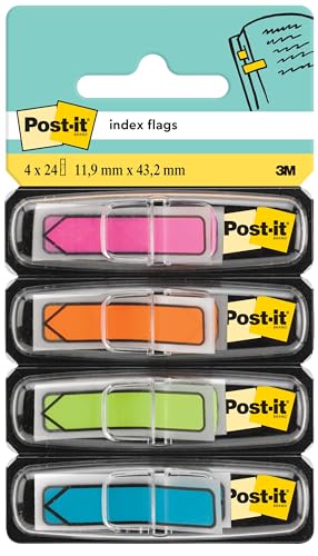 Post-it Marque-Pages Flèches, Bleu, Orange, Rose et Vert, 11.9 mm x 43.2 mm, 24 Marque-Pages par Dévidoir, 4 Dévidoirs - Pour Marquer, Surligner ou Codifier...