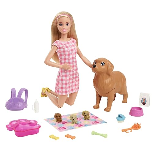 Barbie Newborn Pups Playset, Puppe mit blonden Haaren, inkl. 3 Welpen, 10+ Accessoires, Farbwechseleffekte, inkl. Puppe, Geschenk für Kinder ab 3 Jahren,HCK75