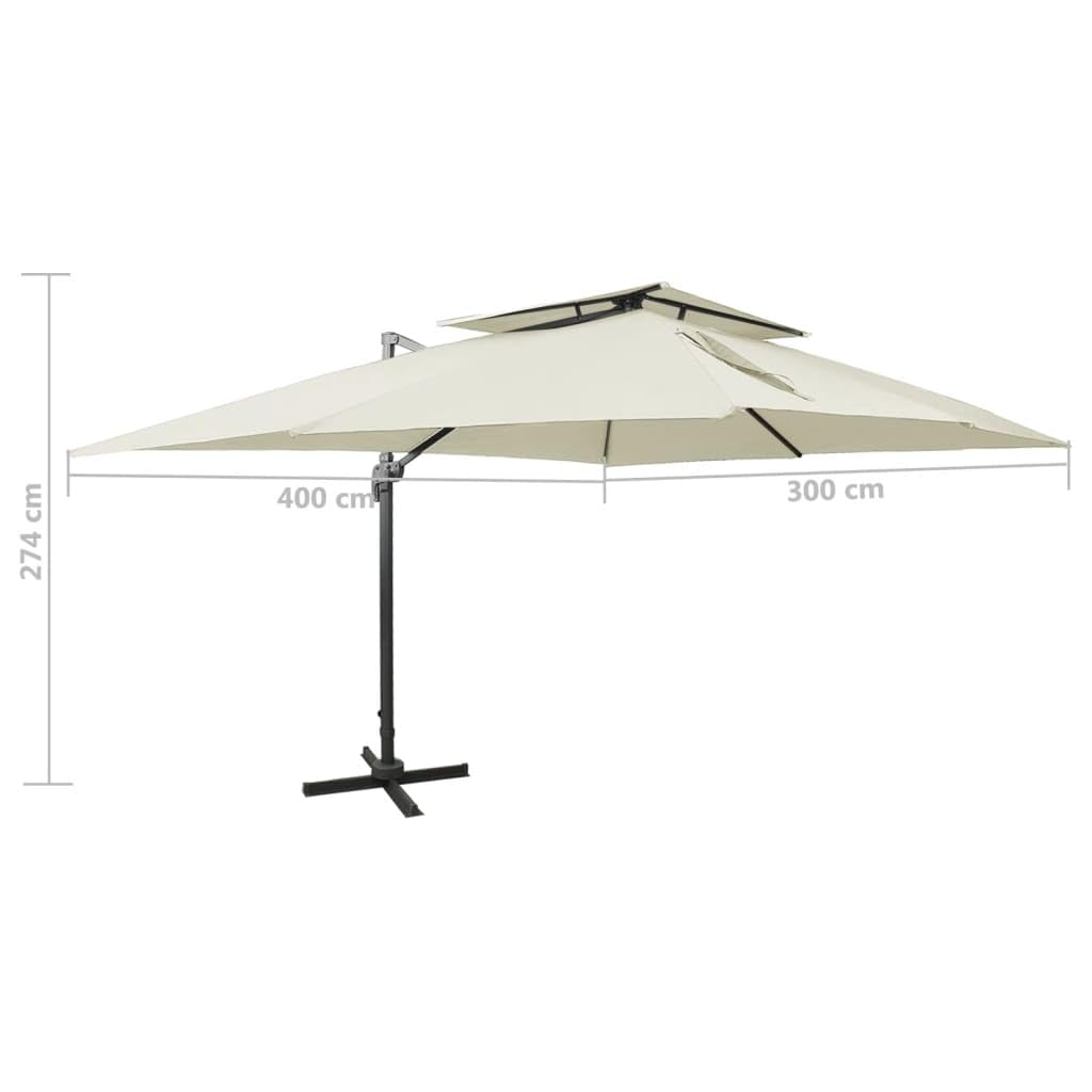 Sombrilla de Jardín Voladiza con Mecanismo de Manivela y Doble Techo para Ventilación, Inclinación y Giro 360°, Base Cruzada Estable, Poste de Aluminio y 8 Varillas, Cubierta