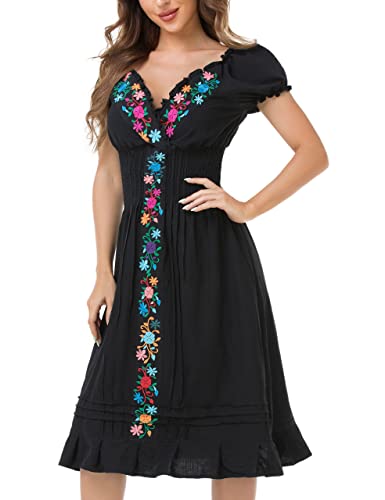 YZXDORWJ Women Mexican Embroidered Casual Dress Summer Ruffle V Neck Short Sleeves2