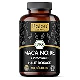Maca Noire BIO du Pérou   Haute concentration 12 800 mg Maca Noire du Pérou par Jour (équivalent à 3 200 mg)   Régulateur Hormonal, Détente, Énergie   180 Gélules   Avec vitamine C   sans OGM