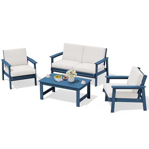 SERWALL 4 Piece HDPE Outdoor Furniture Set, All Weather Wood-Like Outdoor Sofa Sectional Couch, Bllue Patio Furniture Set with Khaki Cushions