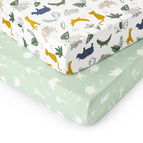 Image of PHF Soft Crib Sheet Fitted, 2 Pack Baby Sheets for Boys Girls, 28x52x9 in Fits Standard Crib and Toddler Mattresses, Silky Comfy Breathable Polyester Baby Mattress Sheets, Forest & Animal