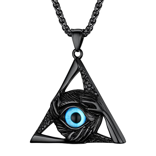 PROSTEEL Vintage Evil Eye Jewelry Protection Hands Triangle Pendant Good Luck Necklace for Men Women, Black/Gold Plated Stainless Steel, 22inch, Come with Box