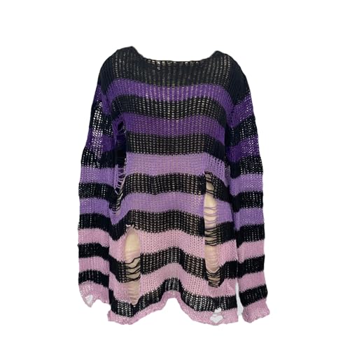 BAIMORE Women's Y2k Grunge Hollow Out Crochet Striped Long Sleeve Ripped Oversized Knit Top