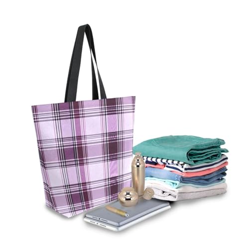 Extra Large Shoulder Tote Bag for Beach Travel Weekender Gym Plaid Pattern Brown Purple Reusable Grocery Canvas Shopping Bag3