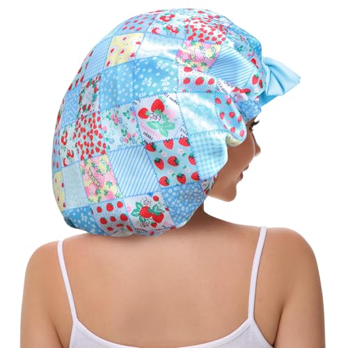 Vettres Hair Bonnet for Sleeping Satin Lined Sleep Cap Double Layer Silk Head Wrap for Curly Natural Hair Strawberries Blue Plaid — view 3