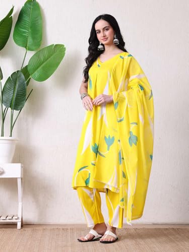Image of Amazon Brand - Tavasya Women Cotton Anarkali Kurta Pant Dupatta Set | Printed Ethnic Suit Set | Flared Anarkali Kurta with Pant & Dupatta | Festive & Casual Wear