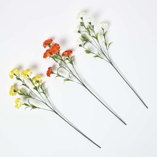 HOMESCAPES Artificial Flowers for Decoration, Set of 3 Realistic Fake Carnations, 55cm Faux Silk Flowers Bouquet, Plastic Floral Arrangements Indoor Outdoor Home Party Decor, Yellow, White, Red