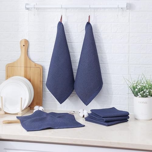 Image of 100% Cotton Kitchen Dish Cloths, 6 Pack Waffle Weave Ultra Soft Absorbent Dish Towels for Drying Dishes Quick Drying Kitchen Towels Dish Rags, 13.4 X 13.4 Inches (Dark Blue, Pack of 4)