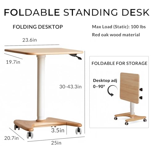 Image of 23.6in Mobile Standing Desk, 30-43.3in Rolling Desk Adjustable Height, Folding & Tilting One-Piece Desktop (0-90), Wheels, Home Offices, Apartments, Bed, Natural Color