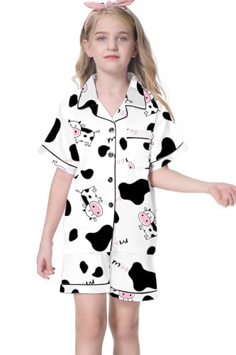 Image of Umeyda Women & Girls Pajamas Set, 2 Piece PJS Satin Silk Sleepwear Button-Down Top with Shorts for Mom Kids Gifts