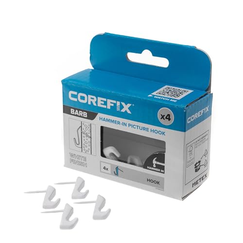 Image of Corefix Barb Wall Hook 4 Pack Universal Hammer-In Picture Hooks, Wall Hooks for Hanging Frames, Mirrors or Canvas into Plasterboard or Wood. Removable and Reusable Hook With Neat Modern Finish (White)