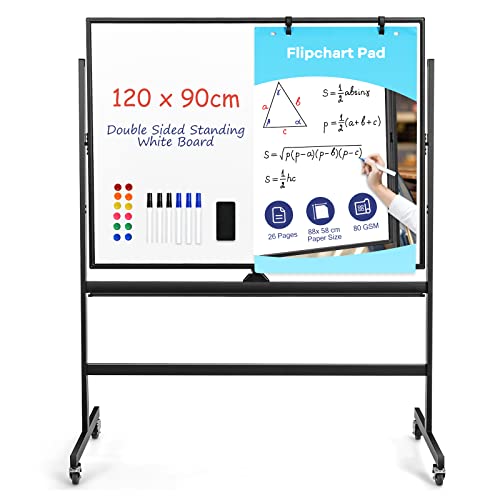 GIANTEX Pizarra Blanca Móvil con Altura Ajustable de 2 Niveles, 120 x 90 cm, Pizarra Magnética de Doble Cara con 4 Ruedas Giratorias de 360 °, para Aula, Oficina (Negro)