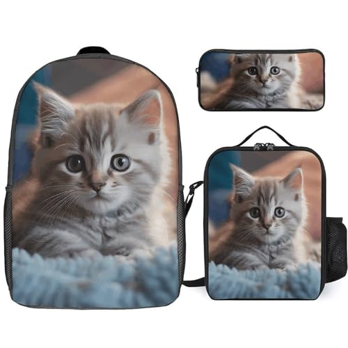 3 Piece Backpack for Women Men Lightweight Causal Daypack Shoulder Bag Set with Insulated Lunch Bag And Pencil Case Organizers Kitten Lying on Carpet
