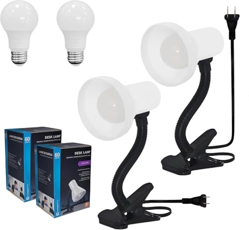 Image of Xtricity LED Clip on Desk Lamp with 360 Flexible Gooseneck, Reading Light for Bed Headboard- A19 Bulb Included, 120V, On /Off Switch, 10.25 inch Height Table Lamp with White Finish (2 Pack)