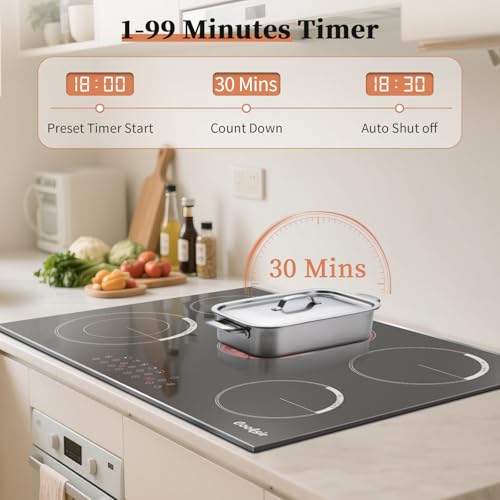 Cooksir Electric Cooktop 30 Inch - 5 Burner Electric Stove Built-in(29.13"x19.3") 8400W High Power, 30 In Ceramic Stove Touch Control with Timer, Safety Lock, Glass Metal Prame, 220-240V Hard Wired