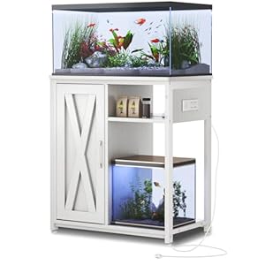 Aquarium Stand with USB and AC Power Strip, Cabinet for Fish Tank Accessories Storage, Heavy Duty Metal Fish Tank Stand for Turtle Tank (White, 20-29 Gallons)