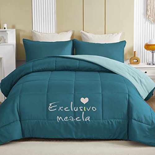 Exclusivo Mezcla Lightweight Reversible 3-Piece Comforter Set All Seasons, Down Alternative Comforter With 2 Pillow Shams, Queen Size, Dusty Teal/Spa Blue #TOP1