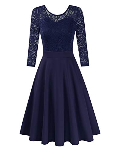 Preisvergleich Produktbild Clearlove Damen Kleider Elegant Spitzenkleid 3 / 4 Ärmel Cocktailkleid Rundhals Knielang Rockabilly KleidVerpackung MEHRWEG, Dunkelblau-3 / 4 Ärmel, S