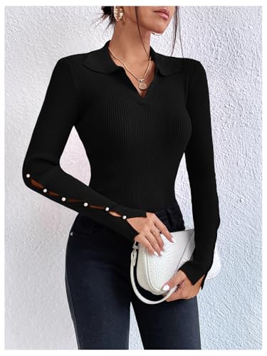 Verdusa Women's Pearl Sweaters Split Long Sleeve Collar V Neck Fitted Pullovers3