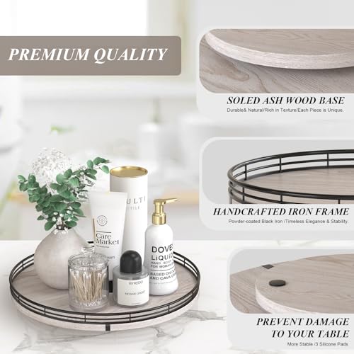 Image of 13 inch Oak Bathroom Vanity Tray Turntable for Perfume Candle, Round Wooden Decorative Tray for Kitchen Sink Countertop Organizer, Bathroom Counter Organizer for Skincare Makeup, Rustic Whitewashed