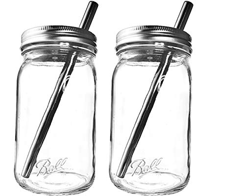 Reusable Boba Bubble Smoothie Cup 32oz Wide Mouth Ball Mason Drinking Jar with Wide STAINLESS STEEL Straws with Sleek Silver Drinking Lids-100 ECO Friendly by Jarming Collections 2 32oz