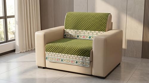 Image of KINGLY Sofa Cover 1 Seater Fully Covered | Stretchable Anti-Slip Slipcover | Washable Furniture Protector | Olive Green | Set of 2 | Seat & Back |