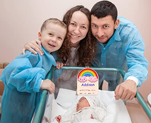 Image of FLYAB Rainbow Baby Birth Announcement Sign, Farmhouse Style, 4.8 inchx6 inch, PVC Board, Personalized Birth Stats, Photo Prop for Newborn, Baby Shower, Birthday