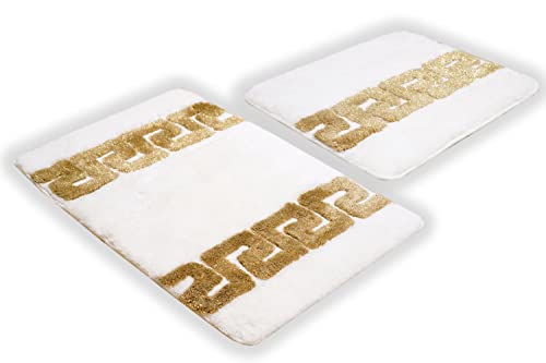 Luxus Badematte Badezimmerteppich Duschmatte Badvorleger Badgarnitur Set 2 teilig in weiss gold Mäander Muster 100% Acryl - rutschfest waschbar flauschig Fussbodenheizung geeignet - Weiss, 2er SET