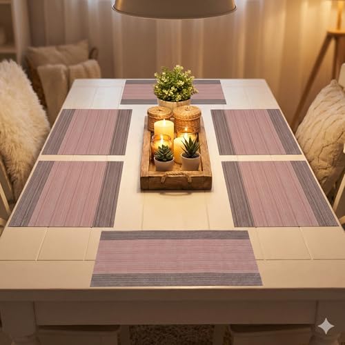 Image of YELONA Placemats Set of 6, Heat-Resistant Woven Vinyl Table Mats, Non-Slip & Washable Dining Tablemats for Kitchen & Dinner Decor, Peach & Brown (45cm x 30cm)