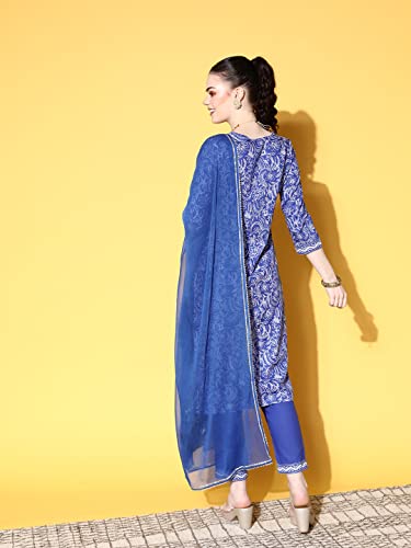 Image of ishin Women's Cotton Embroidered A-Line Kurta Trouser with Dupatta Set