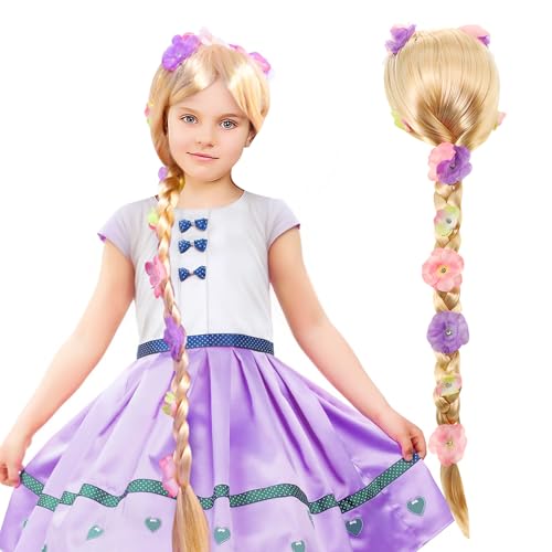 Niña Princesa Peluca Trenzas, Pelucas de Princesa Rapunzel Accesorio, Peluca infantil rubia, para la Fiesta de Cumpleaños, Cosplay, Carnaval, Fiesta temática