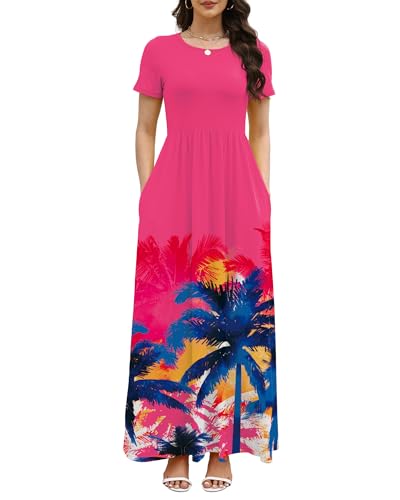 Image of COSSEN Women's Crew Neck Short Sleeve Maxi Dress with Pockets Casual Loose Swing for Wedding Guest Beach Vacation
