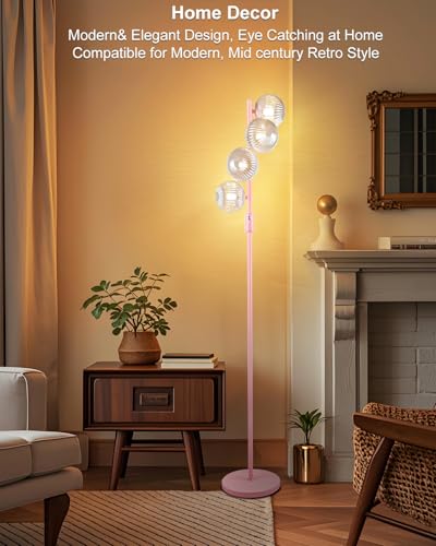 Image of Lightdot 64IN Dimmable Floor Lamp with Globe Clear Glass Shade, Modern Pink Standing Lamps with 4PCS 3000K Bulbs Included,LED Floor Lamp with 5Lbs Heavy Base for Living Room Bedroom / /Sofa Beside