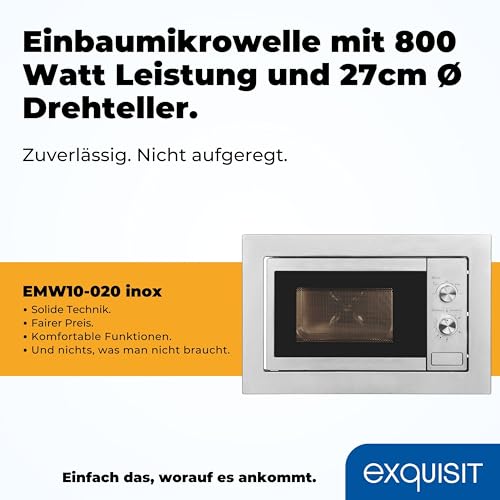 Exquisit Einbaumikrowelle EMW10-020 inox | 800 W Leistung | Kinderleichte Bedienung | Einfacher Einbau | Timer | Drehteller 27cm | Mikrowelle 60 cm | Einbaugerät | Edelstahl