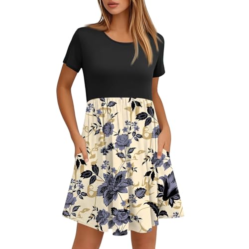Sommerkleid Damen Kurz Elegant Kleid Damen Sommer Blumen Damenkleider Geblümt Kurzarm Kleider A Linie Mit Taschen Sommerkleider Frauen Leicht Und Luftig Blumenkleid Rundhals Lässig Minikleid
