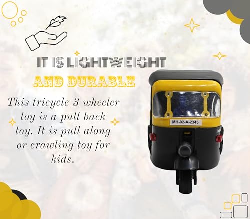 Image of NeoKiddo Toys Neoinsta Pull Back CNG Auto Rickshaw Toy for Kids | 3 Wheeler Autorickshaw Tricycle Vehicle With Driver (Black)