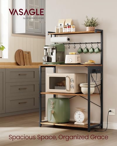 Image of VASAGLE BARNET Collection - Kitchen Bakers Rack with Power Outlet, 31.5-Inch Wide Coffee Bar 4-Tier with 8 S Hooks, Modern Microwave Stand, Adjustable Shelf, Rustic Brown and Ink Black UKKS029KD01
