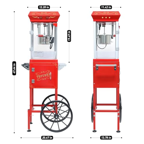 Image of Montary 6 Oz Commercial Popcorn Machine with Cart, 480W Vintage Style Popcorn maker Equipped with Popcorn Scoops,Heated Deck & Storage for Home Movie House and Carnival,Red