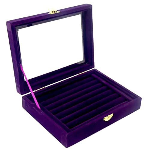 MENGCORE New Jewelry Ring Display Box Tray Holder Storage Box Organizer with Glass Cover (Purple)