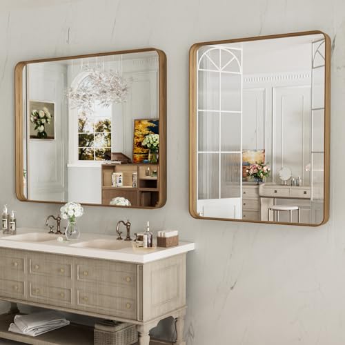 LOAAO 40X30 Inch Bathroom Mirror with Wood Grain Colored Metal Frame, Rounded Rectangle Metal Framed Bathroom Mirror, Anti-Rust, Hangs Horizontally or Vertically, Tempered Glass