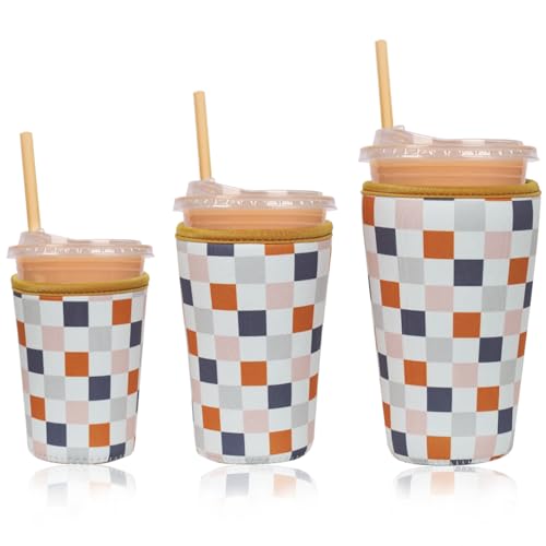 Image of Reusable Insulated Neoprene Iced Coffee Cup Sleeve, Durable Drink Sleeve for Cold Beverages, Beverage Holder for Iced Coffee (Muted Grid)