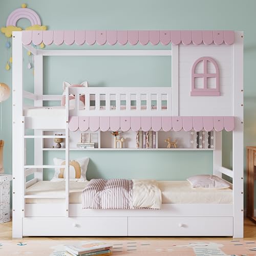 Litera para niños con ventana, rosa, con reja anticaídas, cajones con ruedas, estante abierto, madera de pino, MDF, 90 x 200 cm, segura y ahorra espacio, ideal para habitaciones infantiles.