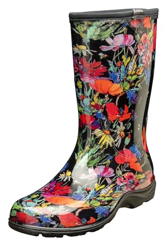 Sloggers Waterproof Garden Rain Boots for Women - Cute Mid-Calf Mud & Muck Boots with Premium Comfort Support Insole, (In Fields Black), (Size 7)