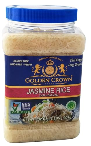 Golden Crown Jasmine Rice - 32 oz (2 LB) Jar, Non-Sticky, Fluffy Aromatic Rice, Thai, Indian, & Fragrant Flavored Long-Grain White Rice