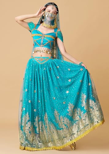 ELLYDOOR Princess Jasmine Costumes for Women Adult Aladdin Dress UP Halloween Cosplay Belly Dance Outfit