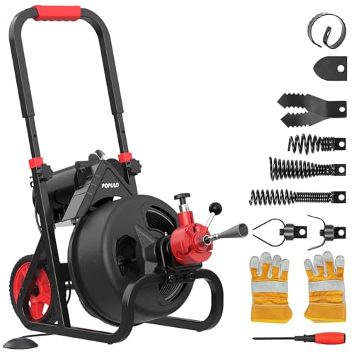 POPULO Auto Feed 75 FT×1/2 Inch Electric Drain Snake With Mobile...